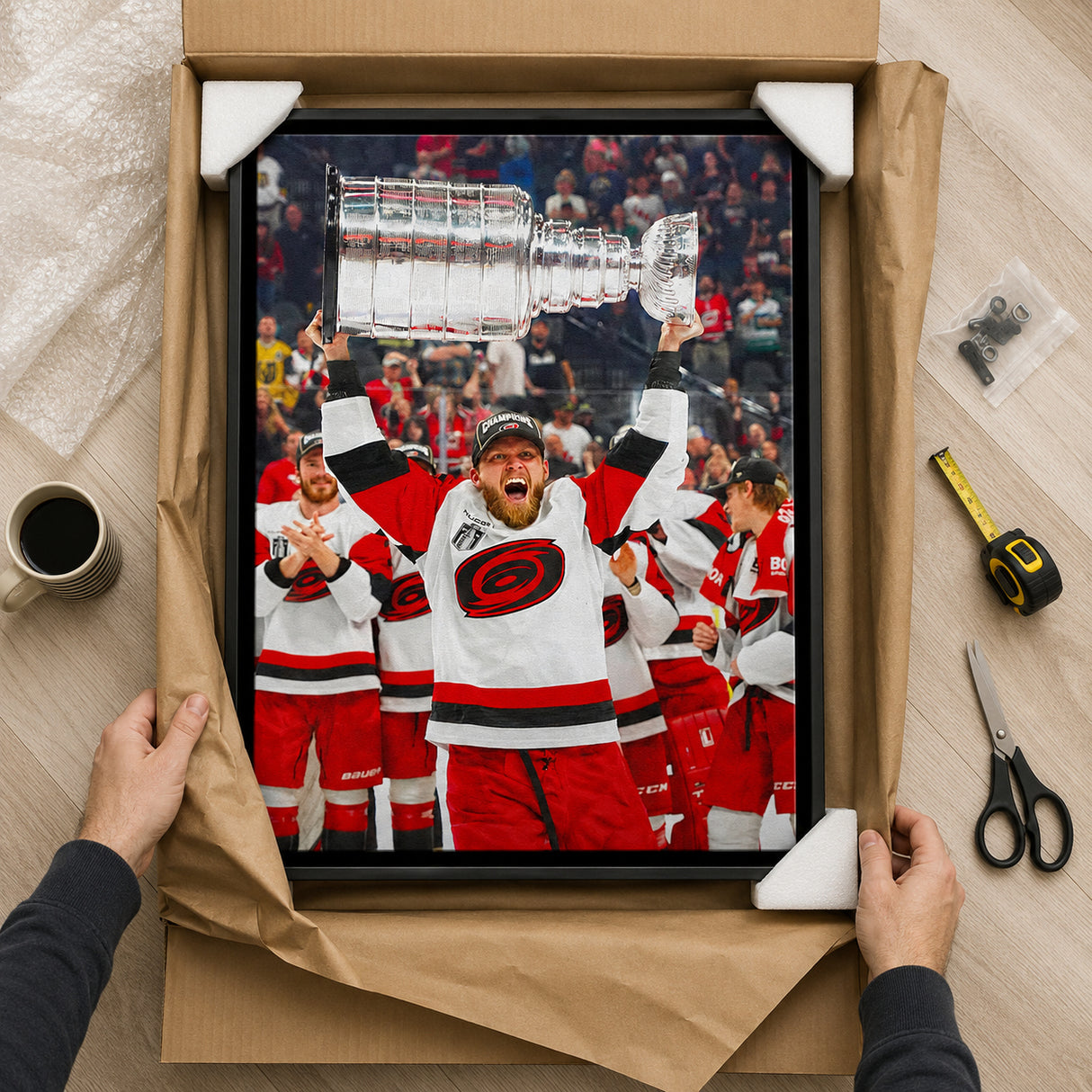 Nikolaj Ehlers 20x29 Framed Canvas Carolina Hurricanes 2026 Stanley Cup Champions - unboxing lifestyle image