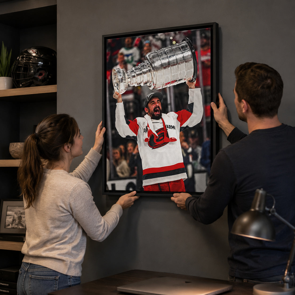 Seth Jarvis 20x29 Framed Canvas Carolina Hurricanes 2026 Stanley Cup Champions - hanging installation lifestyle image