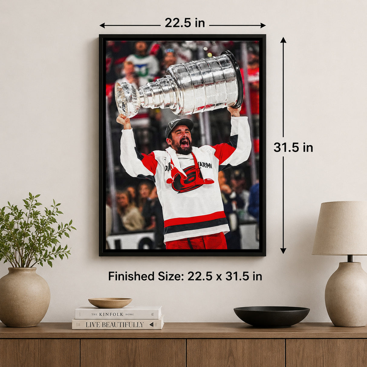 Seth Jarvis 20x29 Framed Canvas Carolina Hurricanes 2026 Stanley Cup Champions - finished size infographic