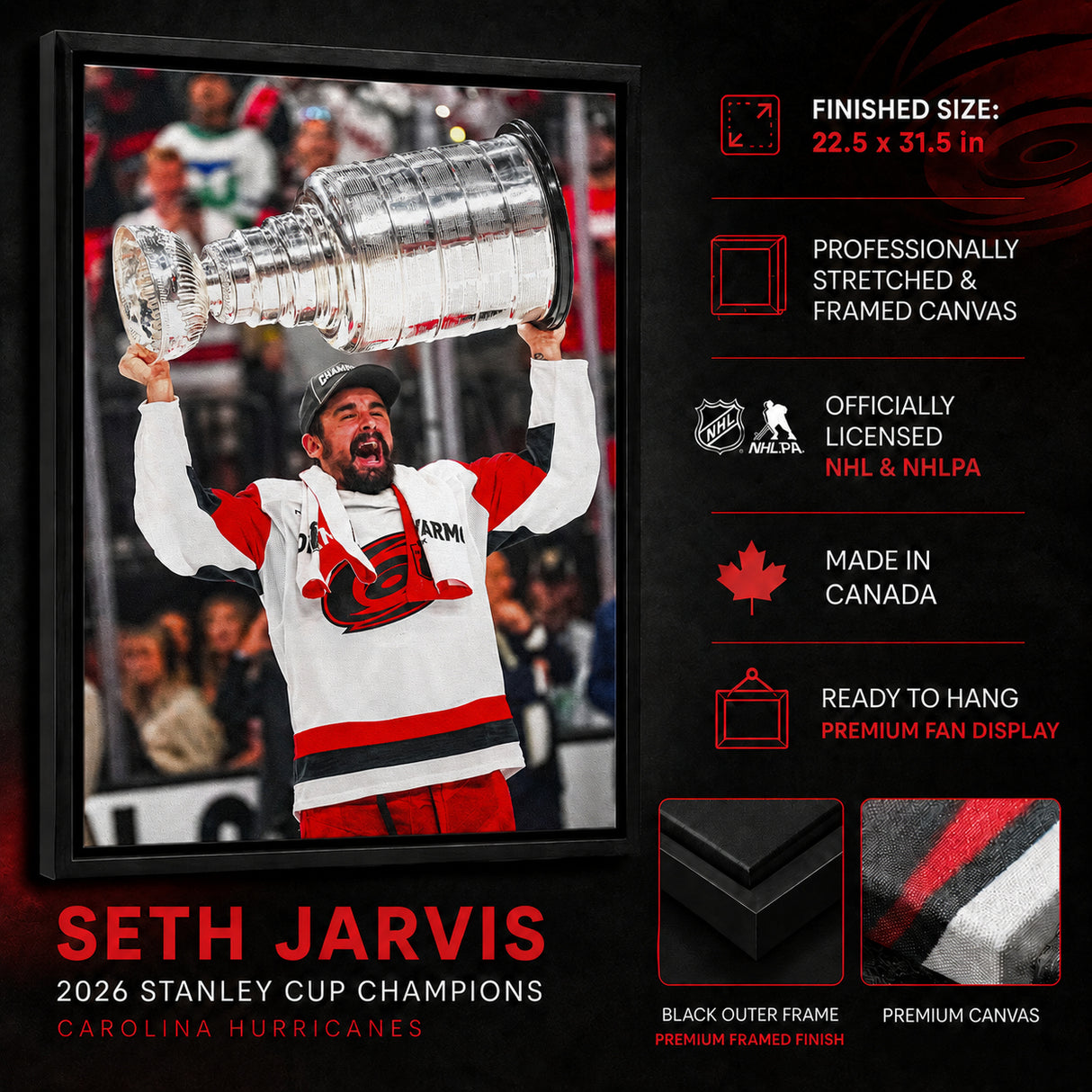 Seth Jarvis 20x29 Framed Canvas Carolina Hurricanes 2026 Stanley Cup Champions - feature details infographic