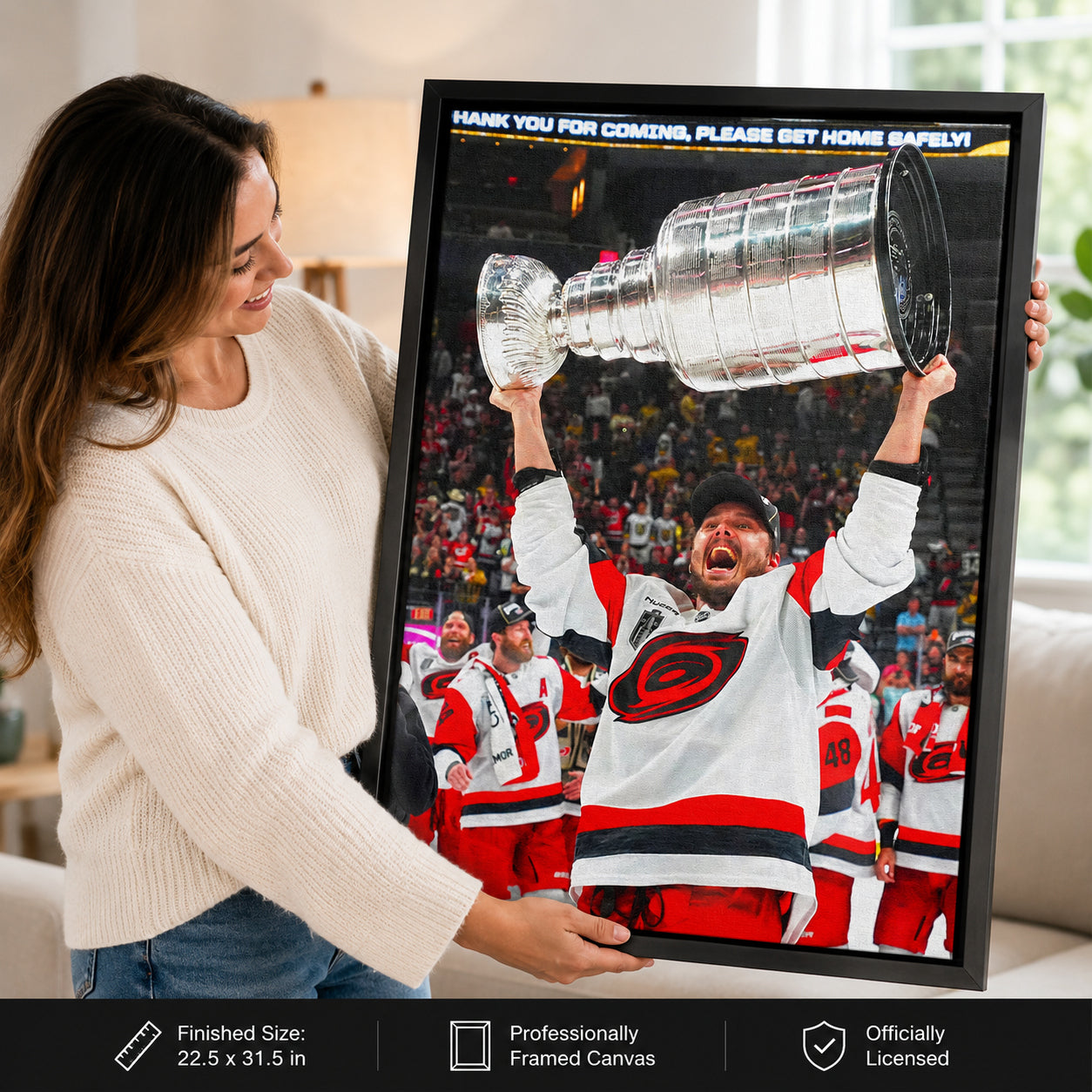 Sebastian Aho 20x29 Framed Canvas Carolina Hurricanes 2026 Stanley Cup Champions - hanging installation lifestyle image