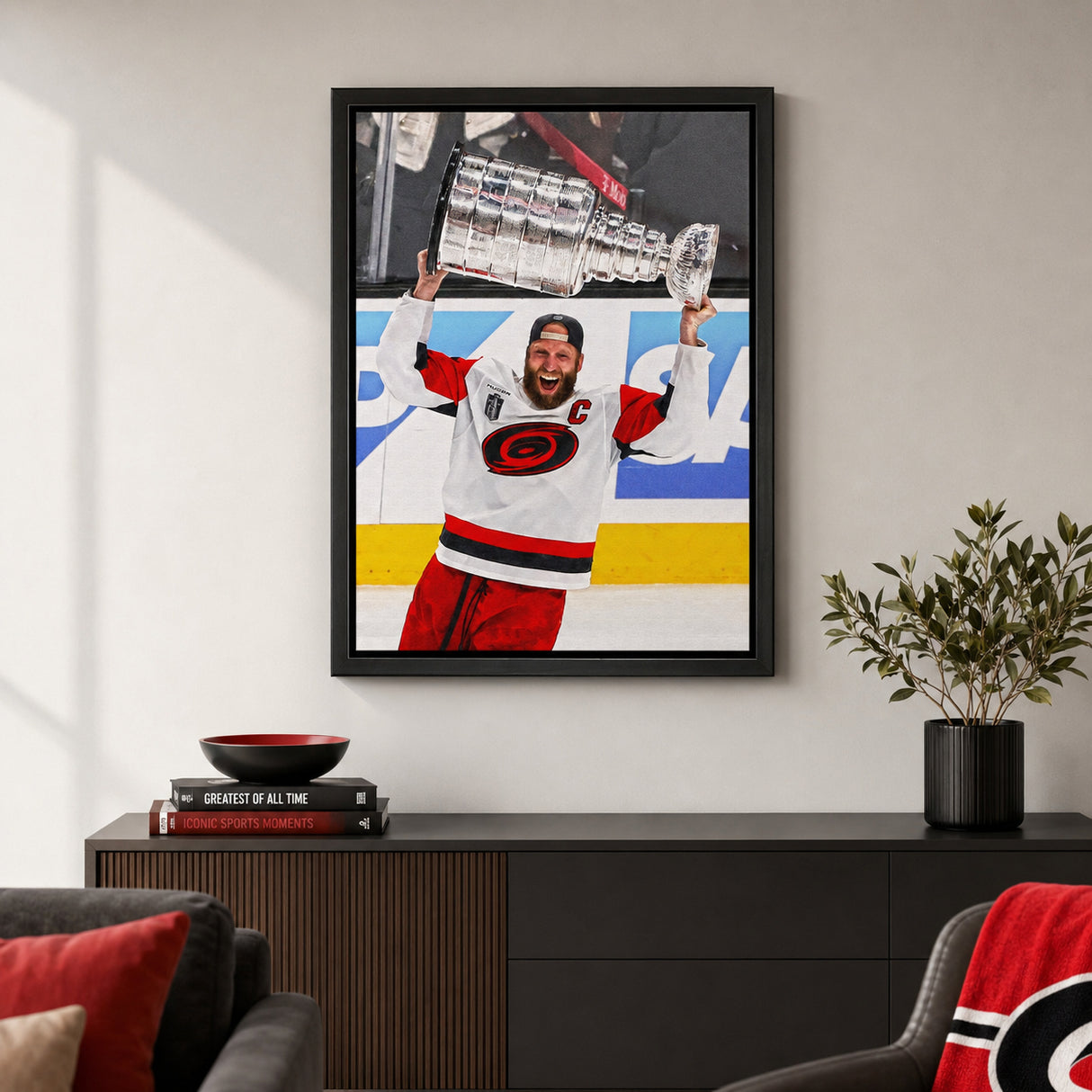Jordan Staal 20x29 Framed Canvas Carolina Hurricanes 2026 Stanley Cup Champion - room wall lifestyle image