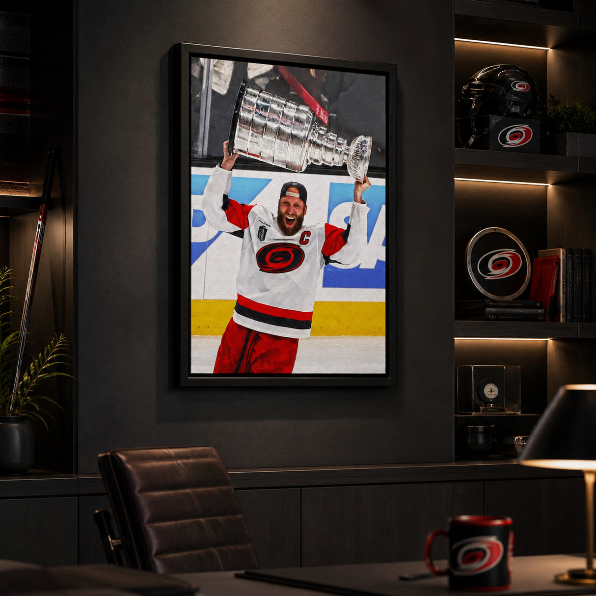 Jordan Staal 20x29 Framed Canvas Carolina Hurricanes 2026 Stanley Cup Champion - display wall lifestyle image