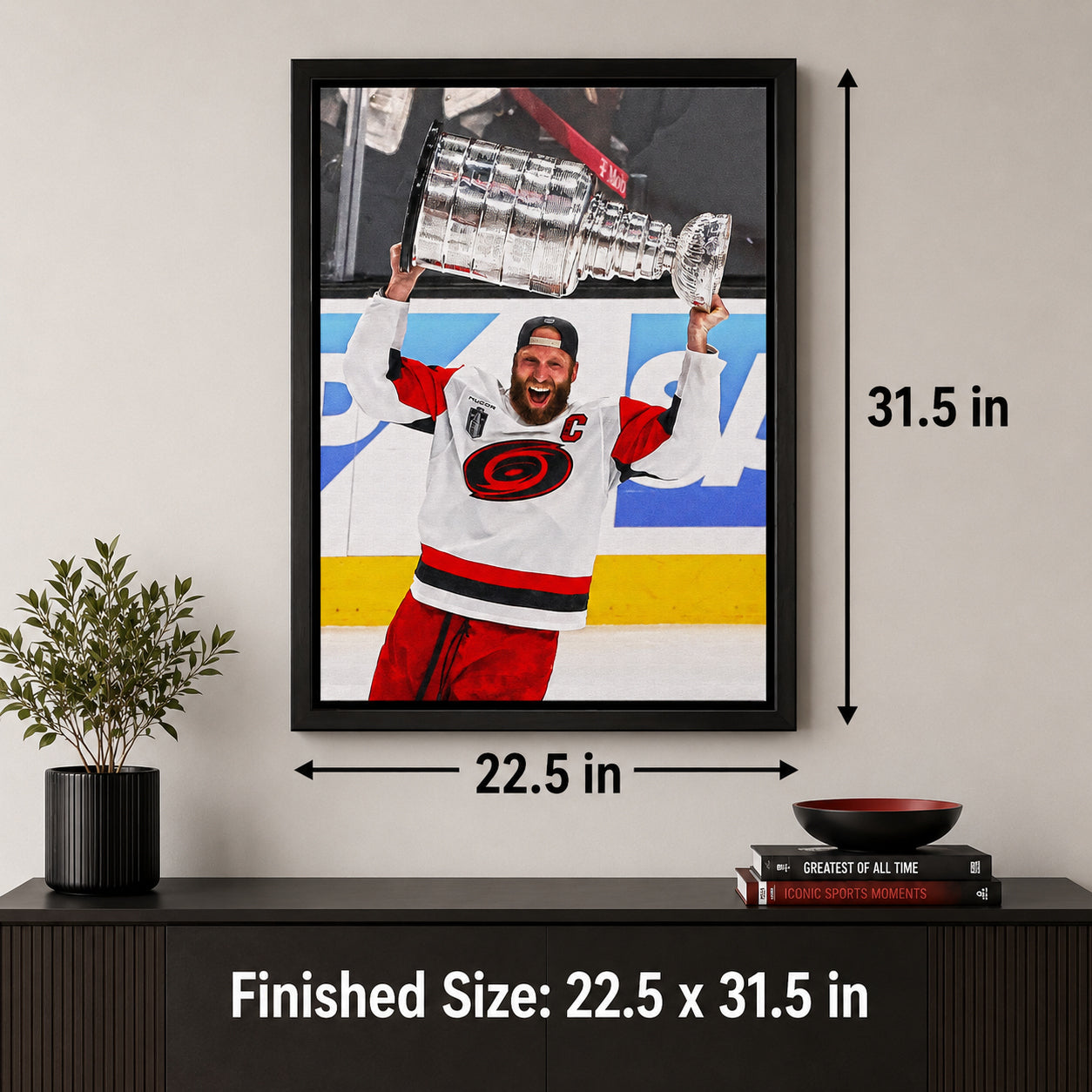 Jordan Staal 20x29 Framed Canvas Carolina Hurricanes 2026 Stanley Cup Champion - finished size infographic