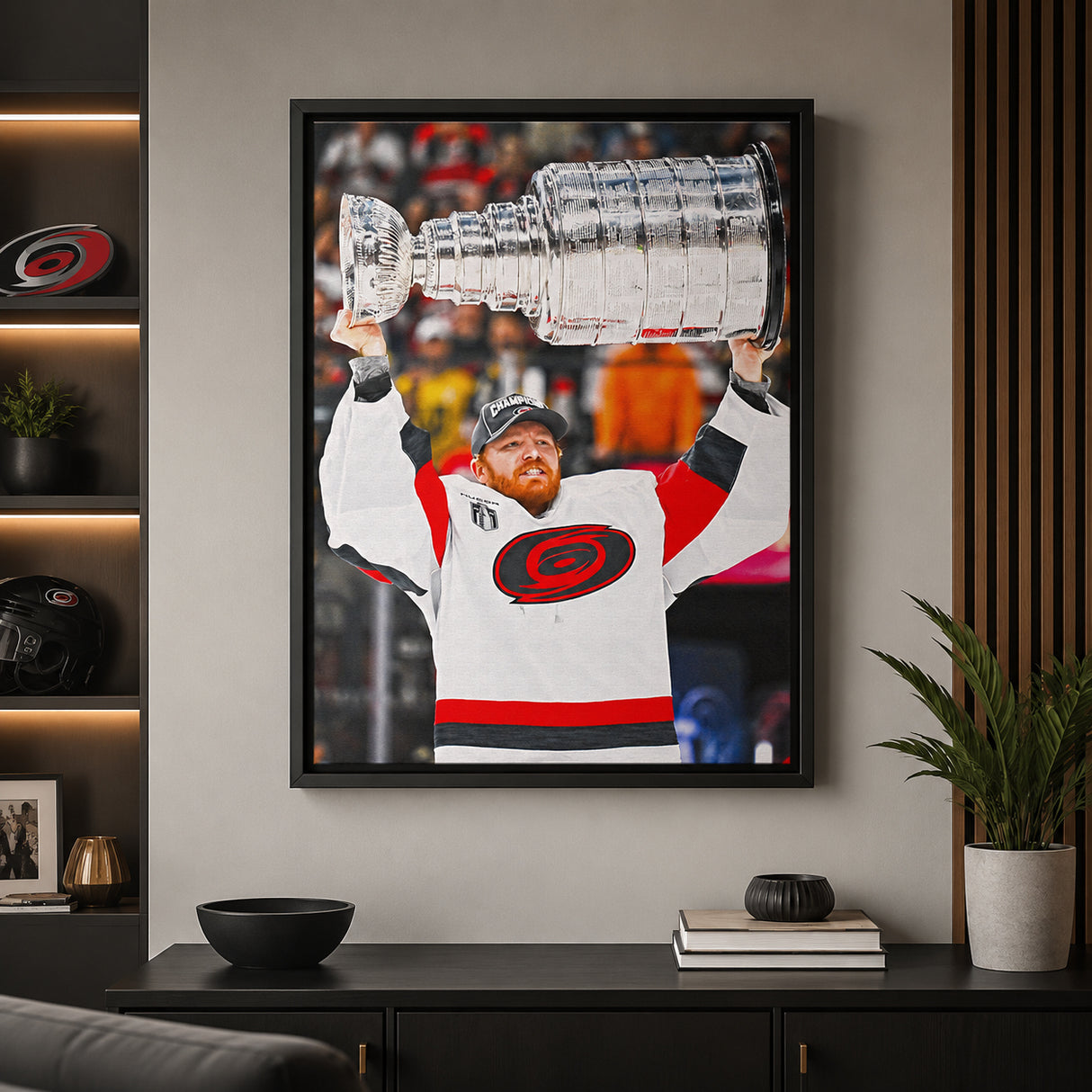 Frederik Andersen 20x29 Framed Canvas Carolina Hurricanes 2026 Stanley Cup Champions - room wall lifestyle image