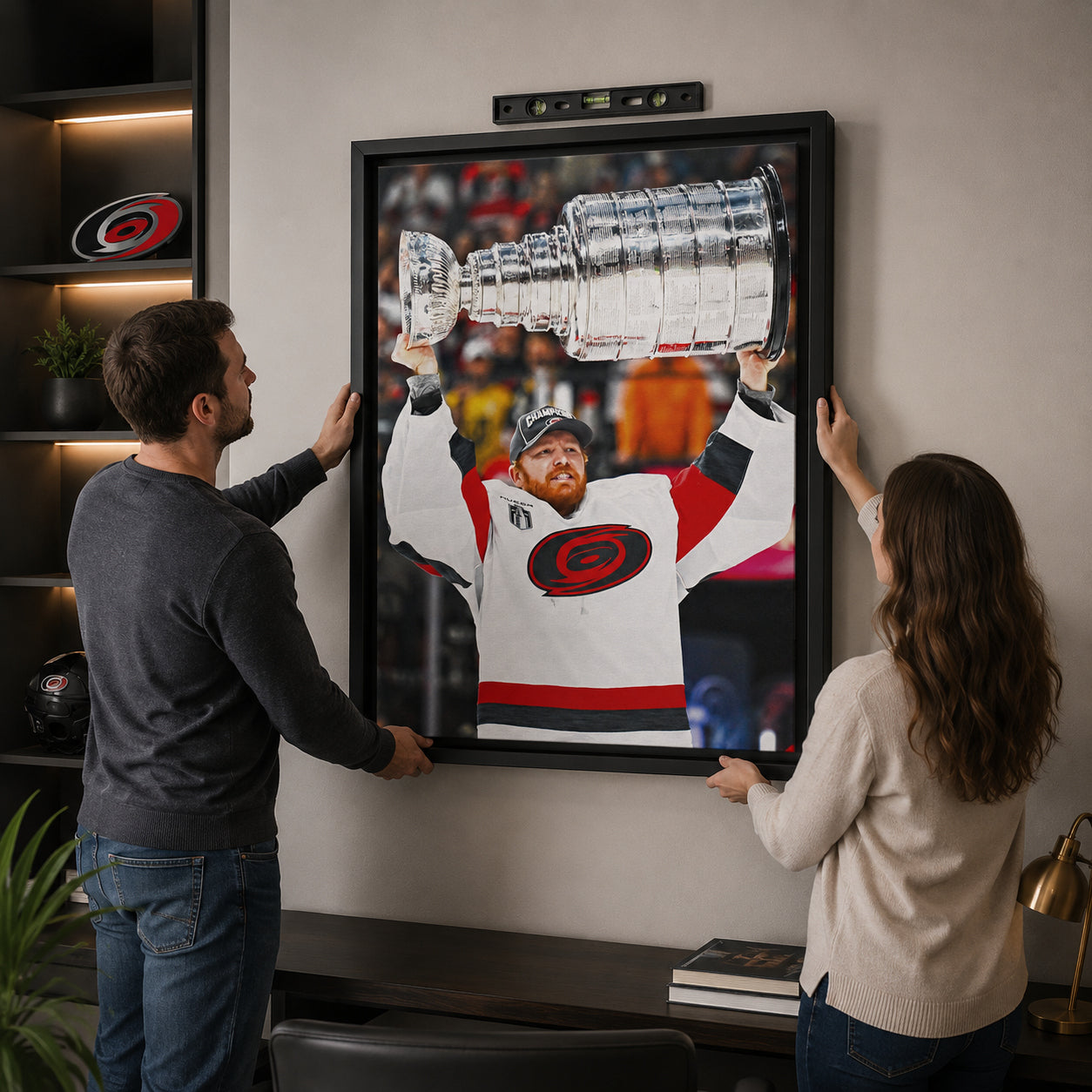 Frederik Andersen 20x29 Framed Canvas Carolina Hurricanes 2026 Stanley Cup Champions - hanging installation lifestyle image
