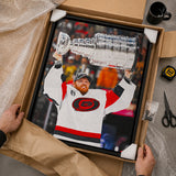 Frederik Andersen 20x29 Framed Canvas Carolina Hurricanes 2026 Stanley Cup Champions - unboxing lifestyle image