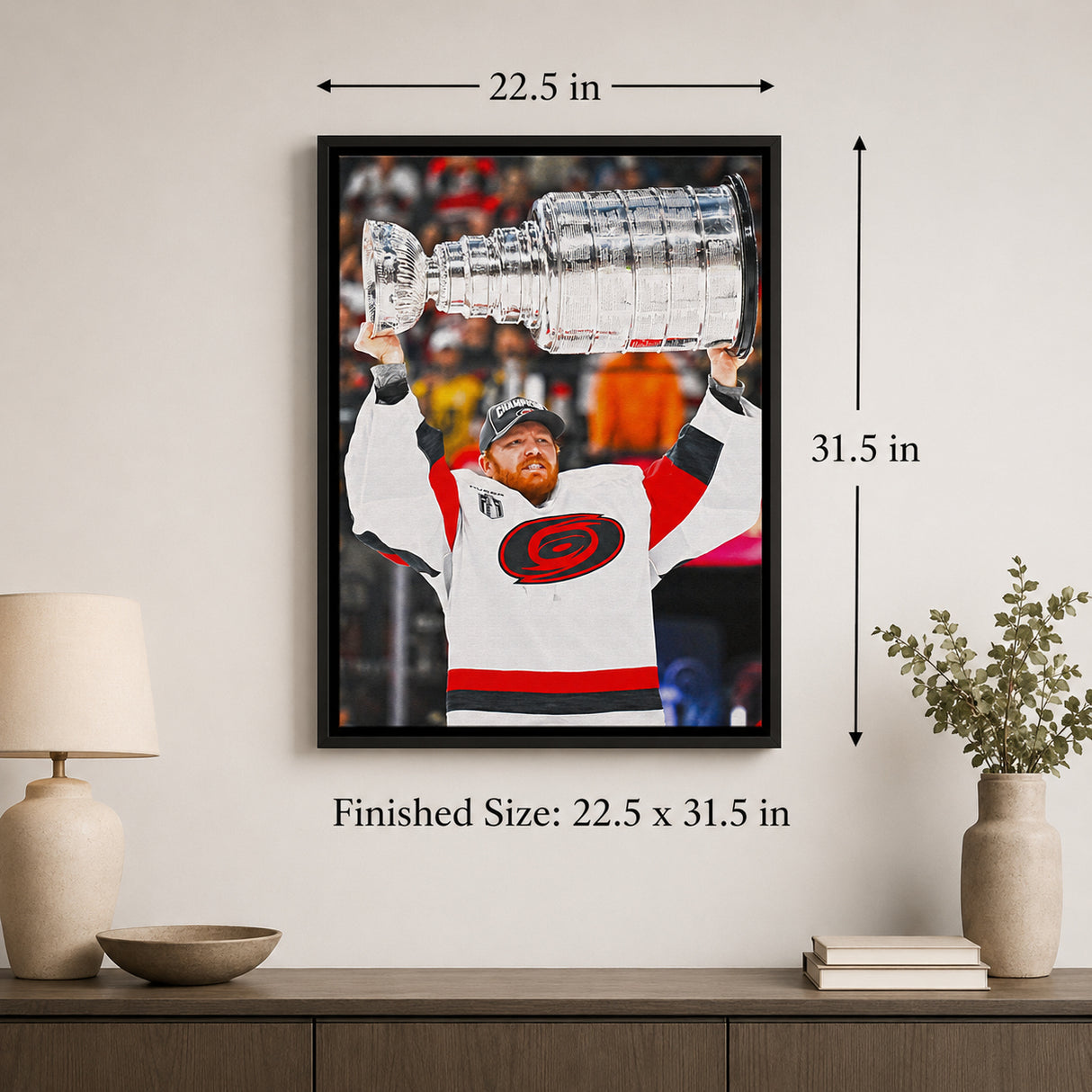 Frederik Andersen 20x29 Framed Canvas Carolina Hurricanes 2026 Stanley Cup Champions - finished size infographic