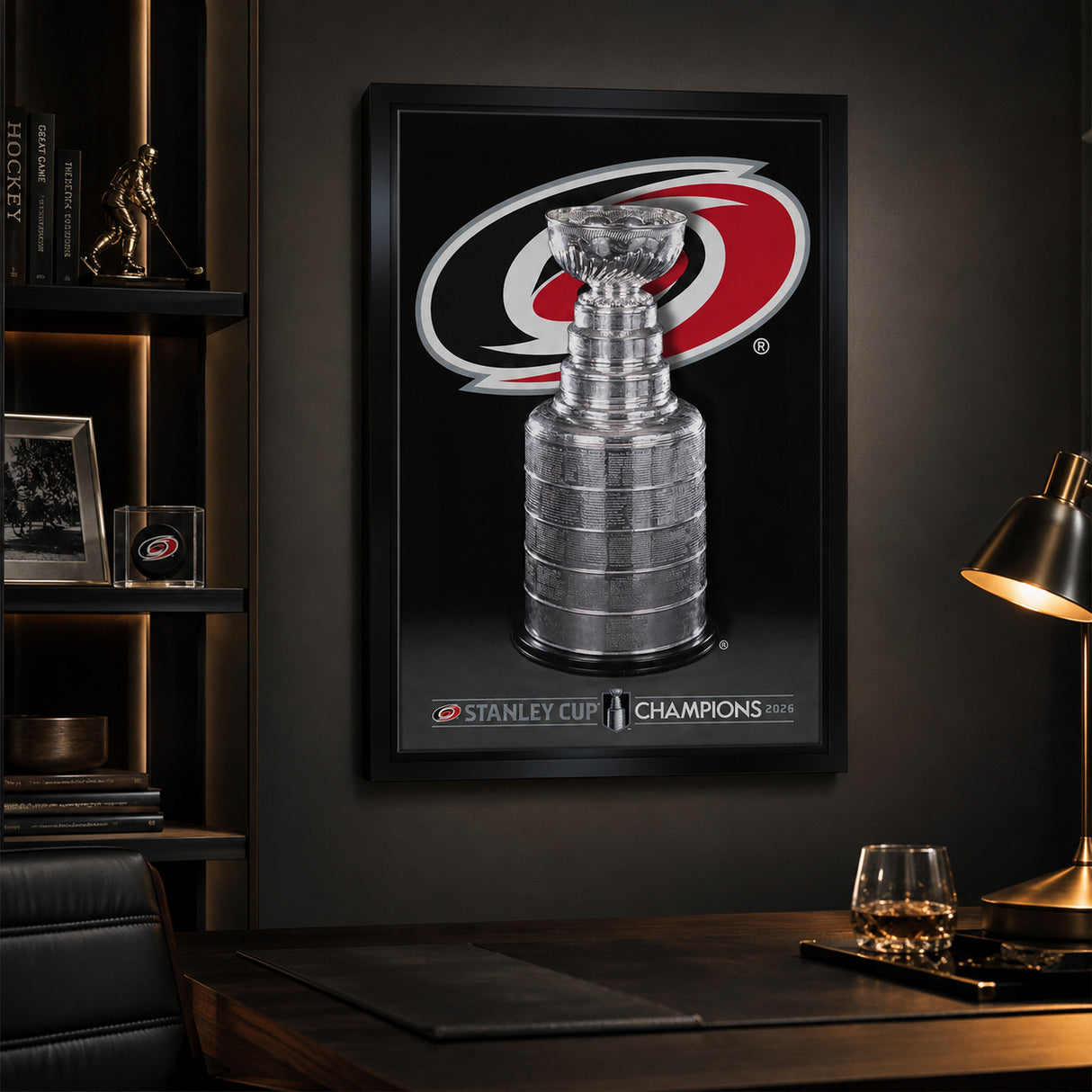 Carolina Hurricanes 20x29 Framed Canvas 2026 Stanley Cup Champions - display wall lifestyle image