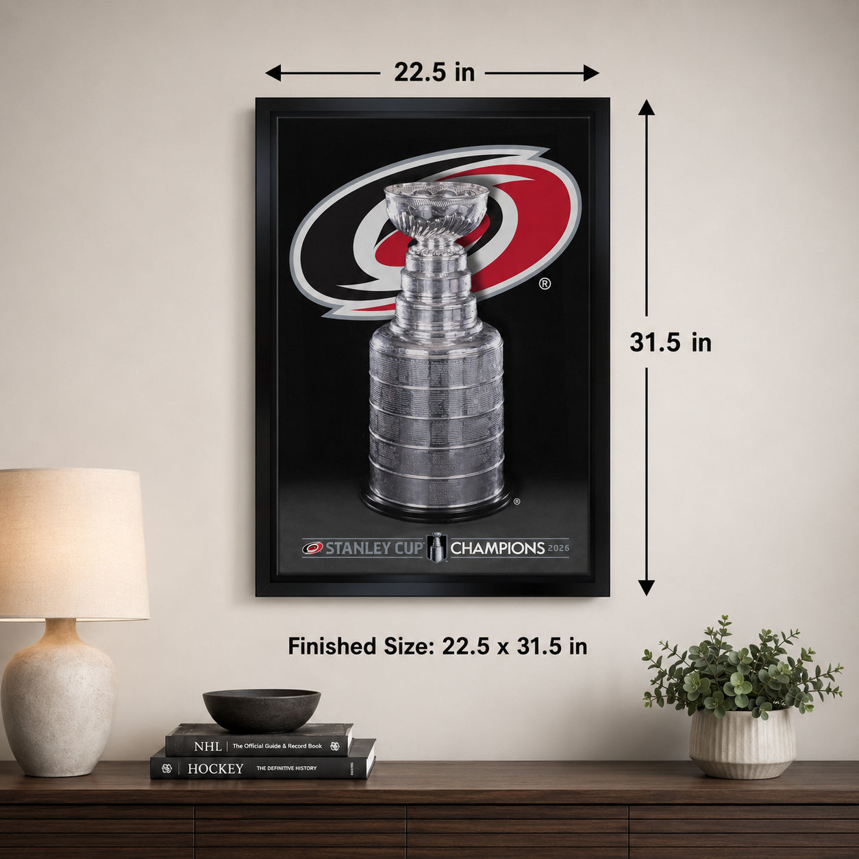 Carolina Hurricanes 20x29 Framed Canvas 2026 Stanley Cup Champions - finished size infographic