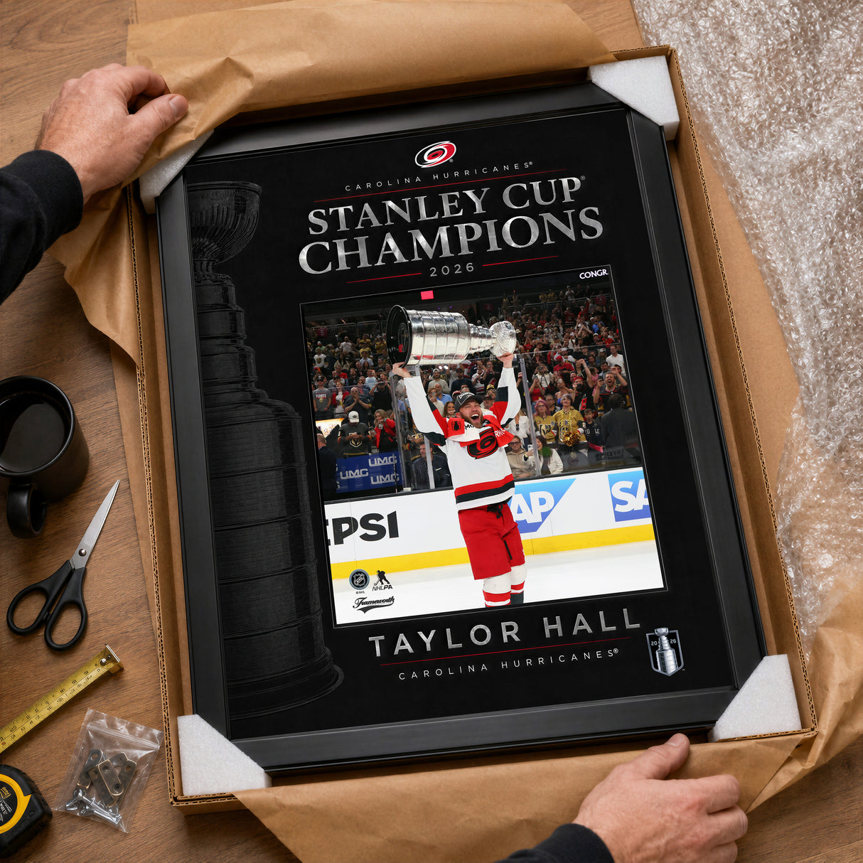 Taylor Hall 16x20 PhotoGlass Frame Carolina Hurricanes 2026 Stanley Cup Champions unboxed framed PhotoGlass detail