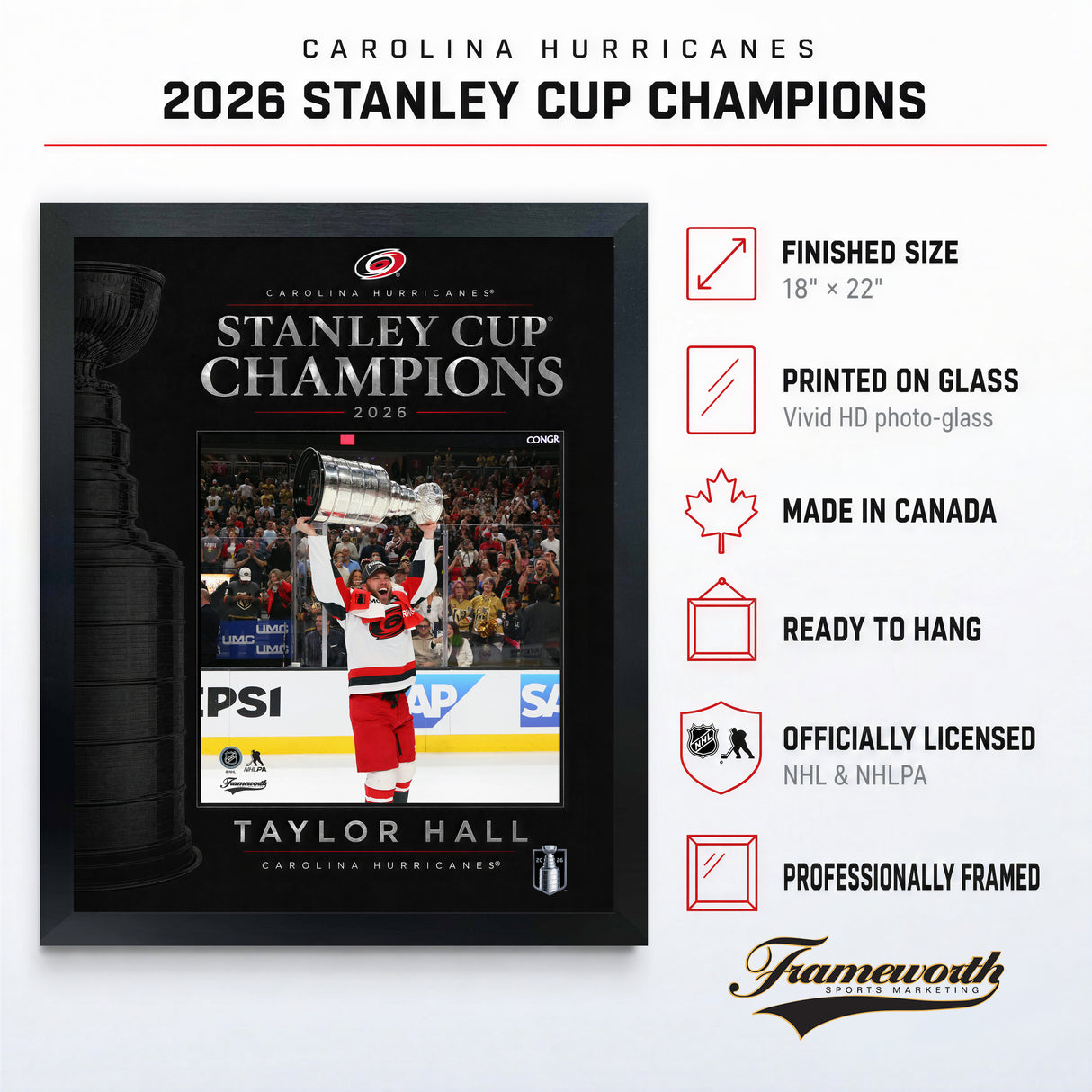 Taylor Hall 16x20 PhotoGlass Frame Carolina Hurricanes 2026 Stanley Cup Champions PhotoGlass product features and dimensions