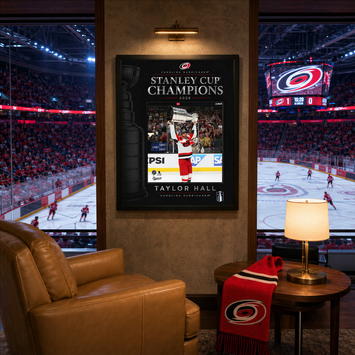 Taylor Hall 16x20 PhotoGlass Frame Carolina Hurricanes 2026 Stanley Cup Champions displayed in a hockey fan room