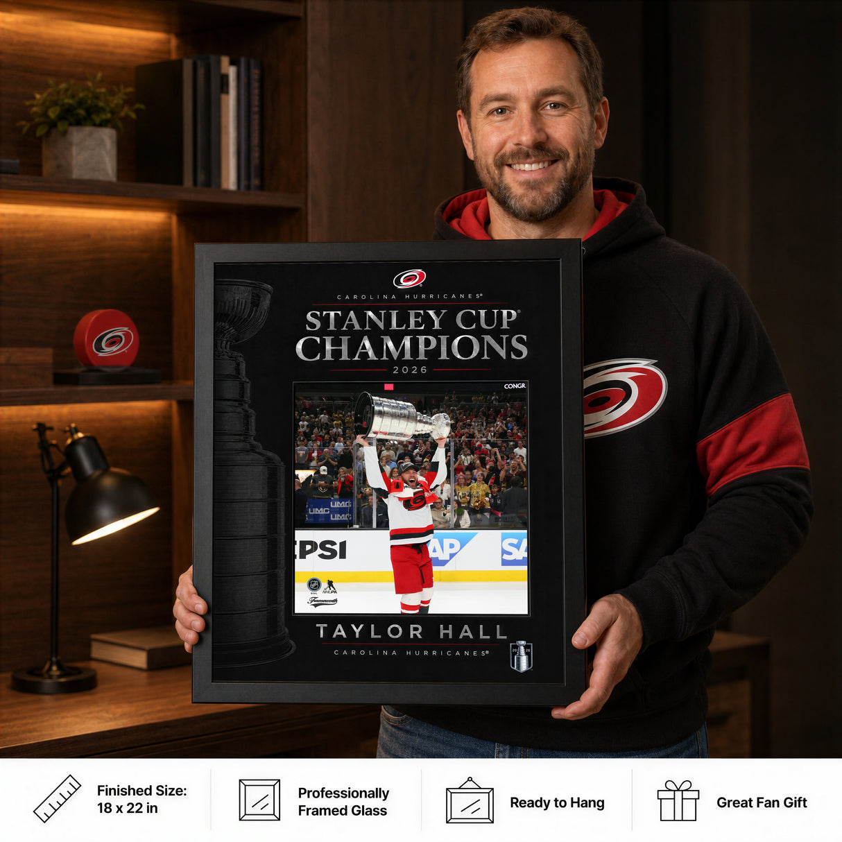 Taylor Hall 16x20 PhotoGlass Frame Carolina Hurricanes 2026 Stanley Cup Champions held as framed Carolina Hurricanes wall art