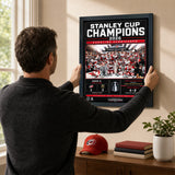 Carolina Hurricanes 2026 Stanley Cup Champions Scoreboard Design PhotoGlass frame shown being hung as wall art