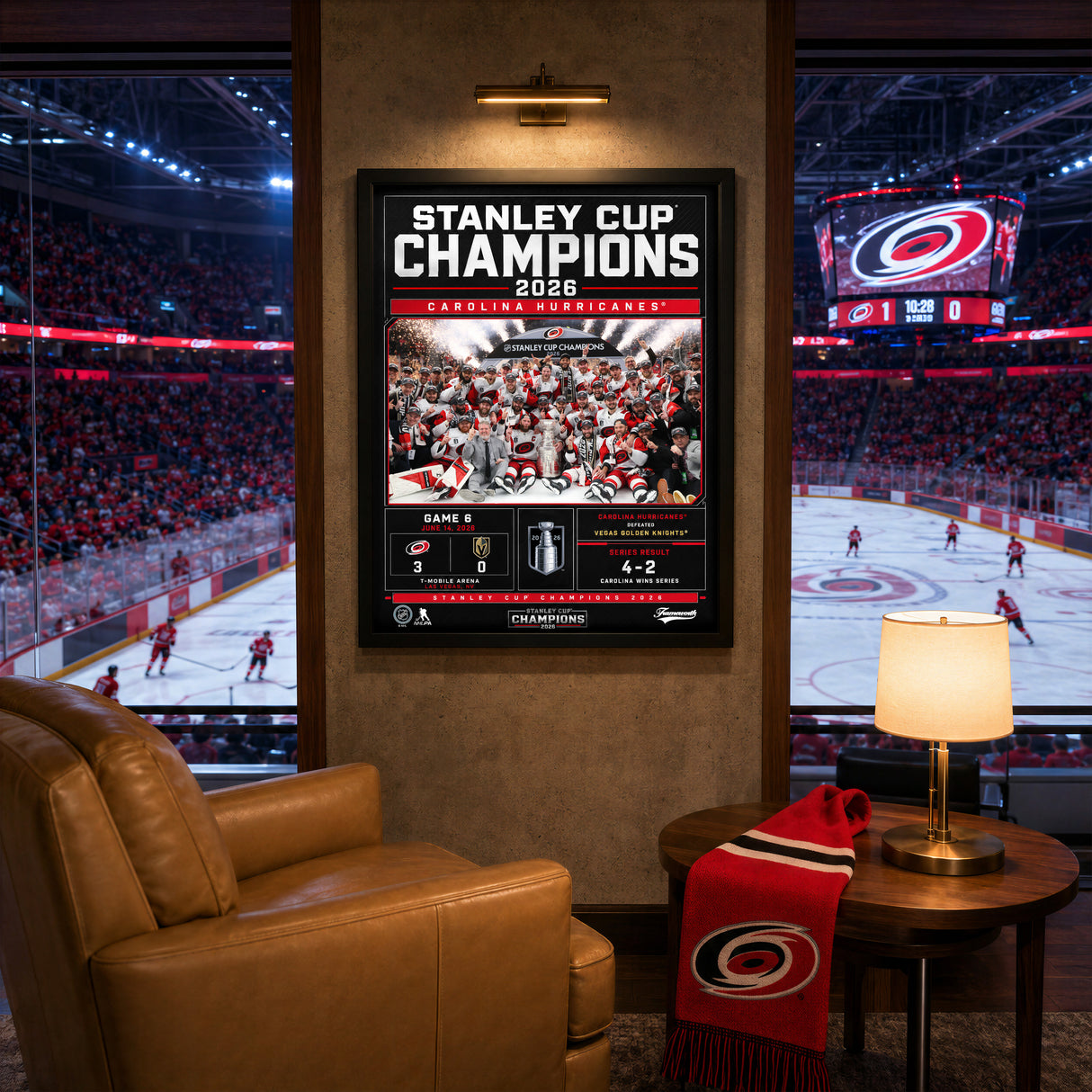 Carolina Hurricanes 16x20 PhotoGlass Frame 2026 Stanley Cup Champions Scoreboard Design displayed in a hockey fan room