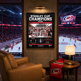 Carolina Hurricanes 16x20 PhotoGlass Frame 2026 Stanley Cup Champions Scoreboard Design displayed in a hockey fan room