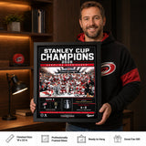 Carolina Hurricanes 16x20 PhotoGlass Frame 2026 Stanley Cup Champions Scoreboard Design held as framed Carolina Hurricanes wall art