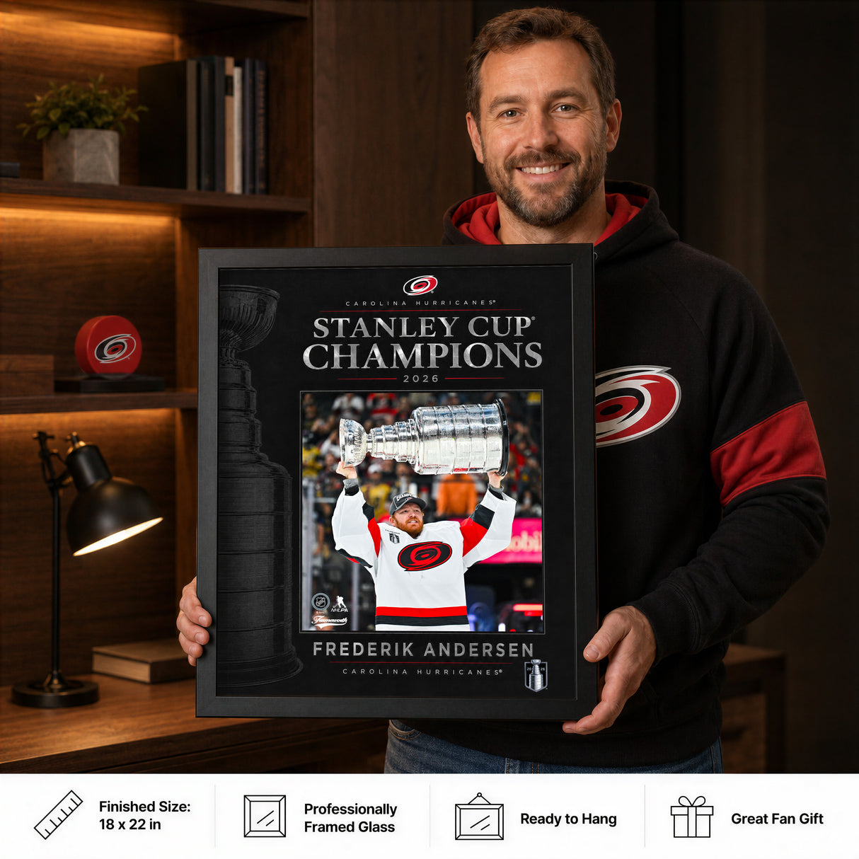 Frederik Andersen 16x20 PhotoGlass Frame Carolina Hurricanes 2026 Stanley Cup Champions held as framed Carolina Hurricanes wall art