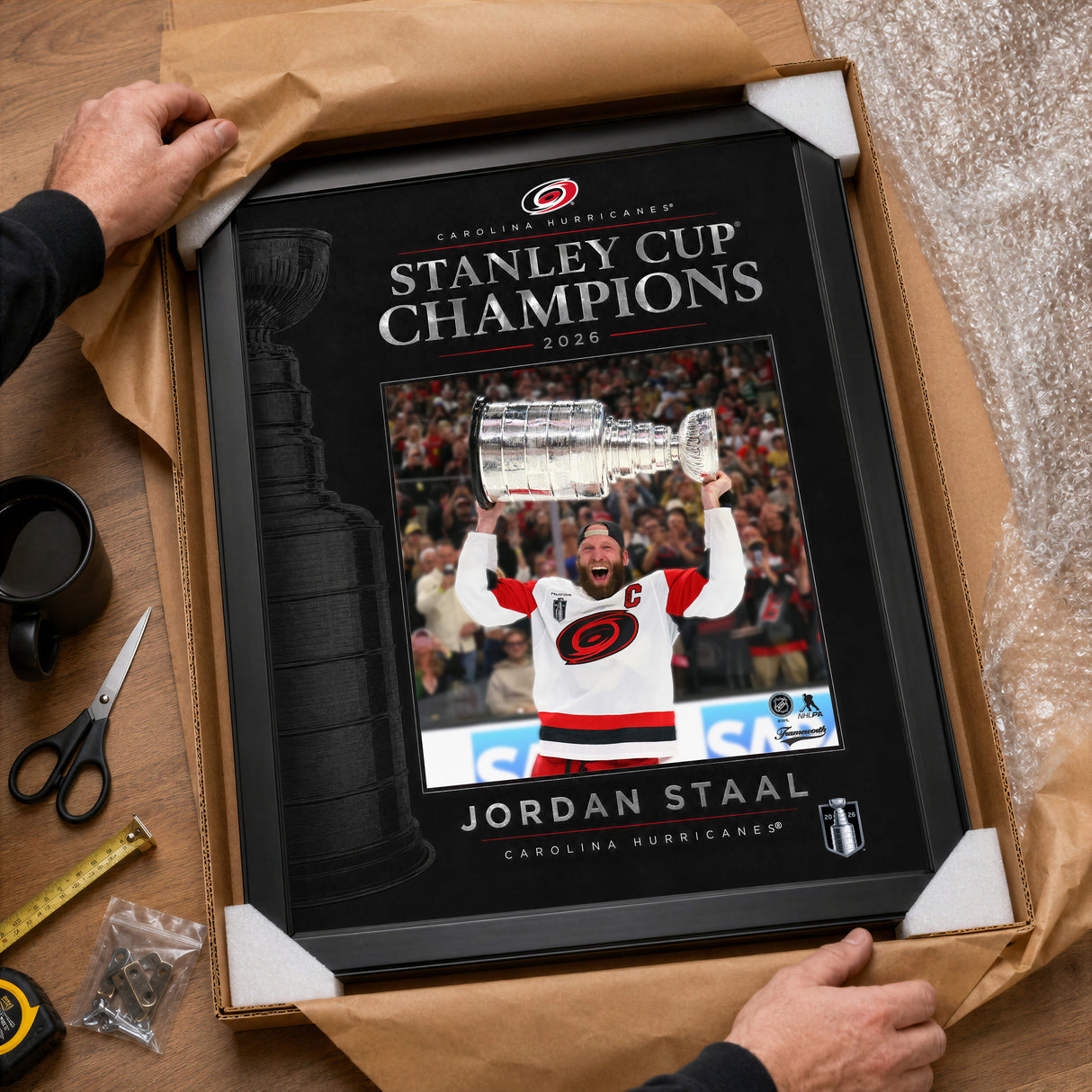 Jordan Staal 16x20 PhotoGlass Frame Carolina Hurricanes 2026 Stanley Cup Champions unboxed framed PhotoGlass detail