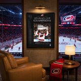 Jordan Staal 16x20 PhotoGlass Frame Carolina Hurricanes 2026 Stanley Cup Champions displayed in a hockey fan room