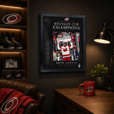 Seth Jarvis 16x20 PhotoGlass frame Carolina Hurricanes 2026 Stanley Cup Champions displayed in a fan room