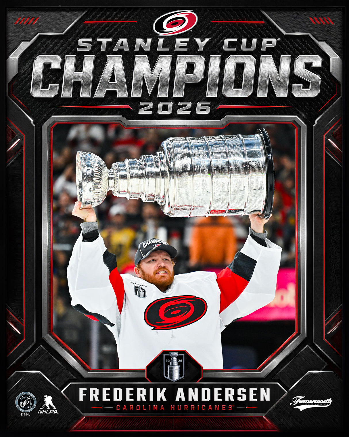 Frederik Andersen 16x20 PhotoGlass Frame Carolina Hurricanes 2026 Stanley Cup Champions Shield Design flat design image