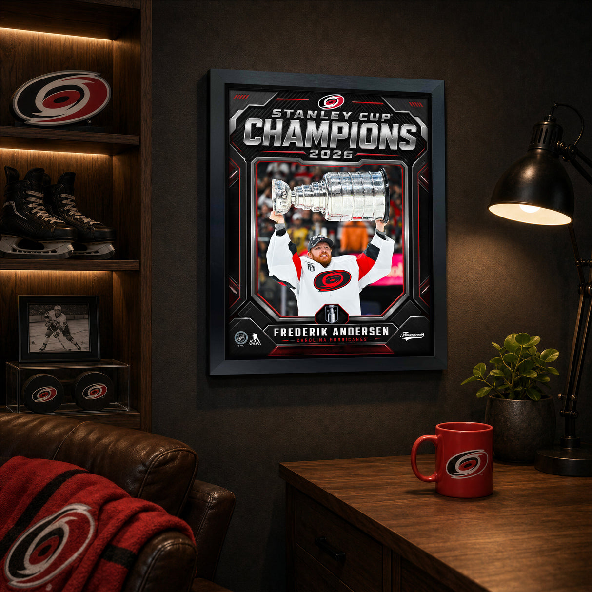 Frederik Andersen 16x20 PhotoGlass Frame Carolina Hurricanes 2026 Stanley Cup Champions Shield Design lifestyle 1 image