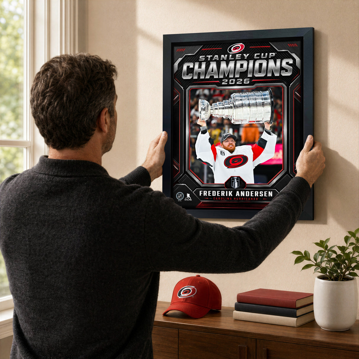 Frederik Andersen 16x20 PhotoGlass Frame Carolina Hurricanes 2026 Stanley Cup Champions Shield Design lifestyle 2 image