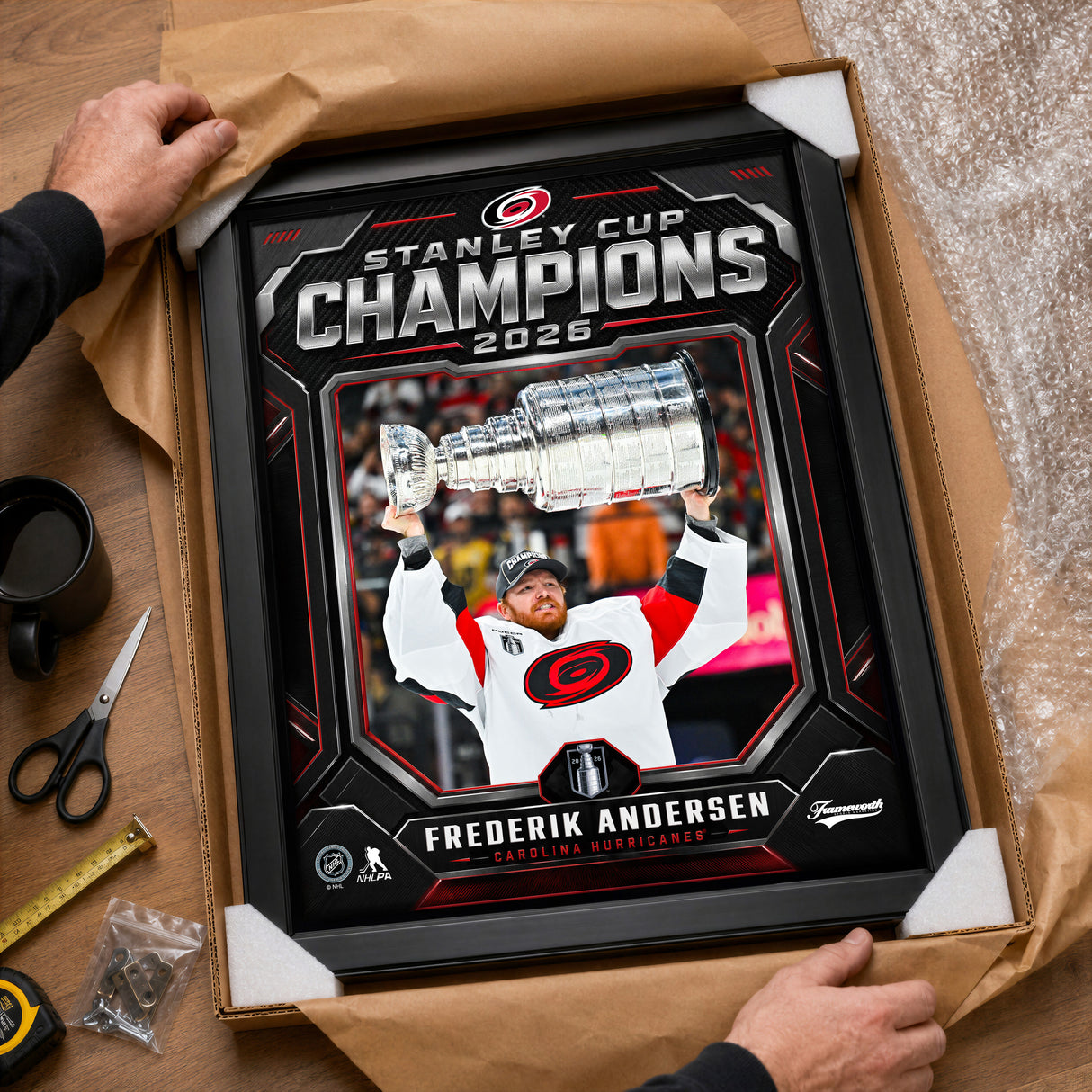 Frederik Andersen 16x20 PhotoGlass Frame Carolina Hurricanes 2026 Stanley Cup Champions Shield Design lifestyle 3 image