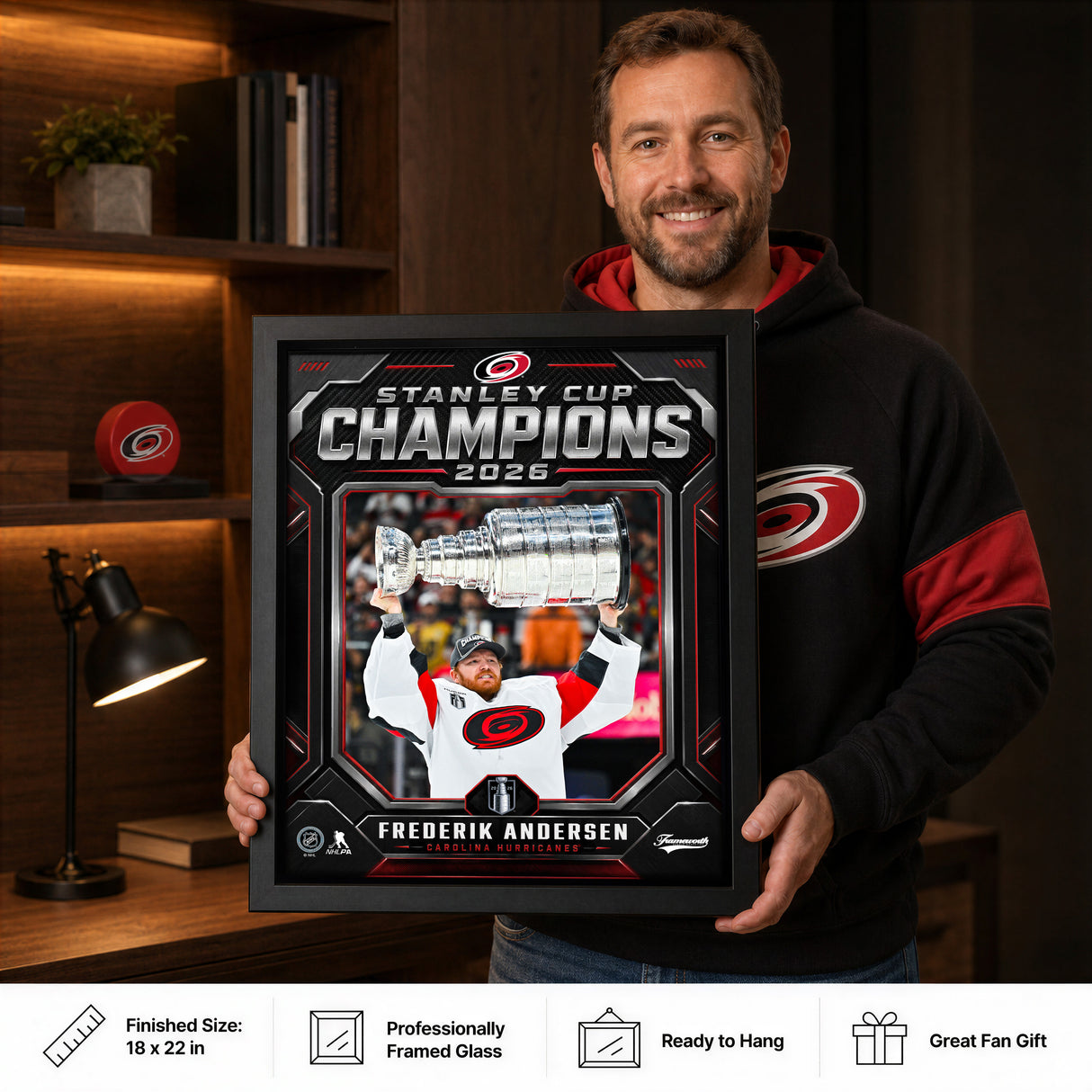 Frederik Andersen 16x20 PhotoGlass Frame Carolina Hurricanes 2026 Stanley Cup Champions Shield Design lifestyle 6 image