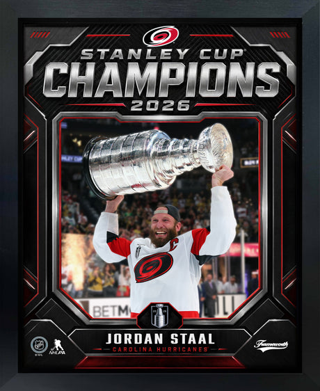 Jordan Staal 16x20 PhotoGlass Frame Carolina Hurricanes 2026 Stanley Cup Champions Shield Design framed product image