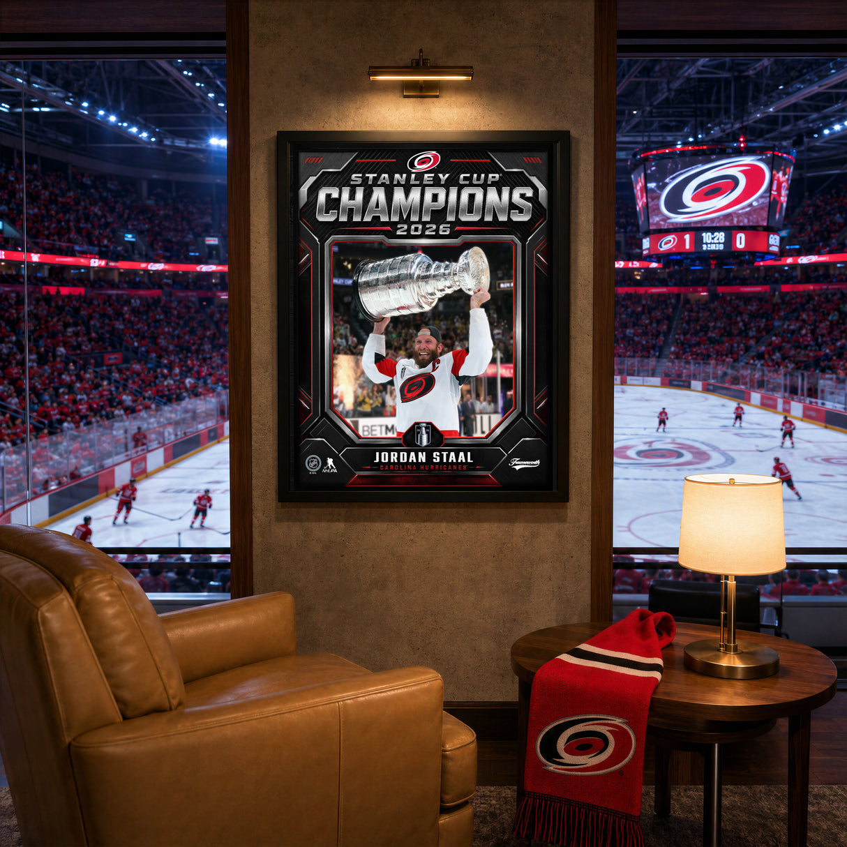 Jordan Staal 16x20 PhotoGlass Frame Carolina Hurricanes 2026 Stanley Cup Champions Shield Design lifestyle 5 image