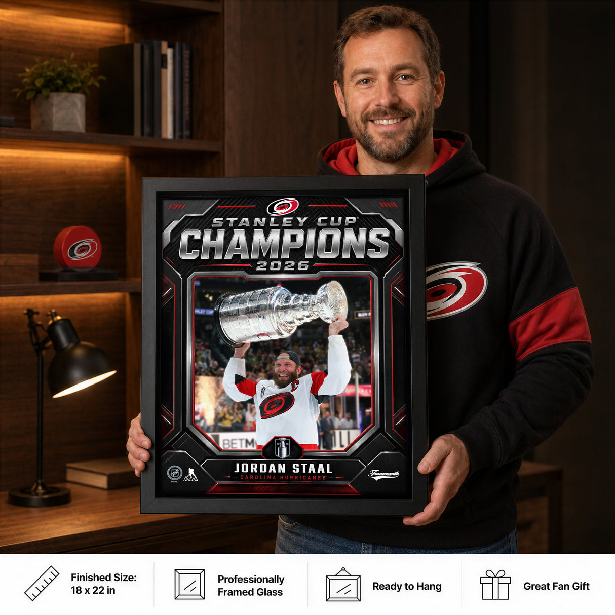 Jordan Staal 16x20 PhotoGlass Frame Carolina Hurricanes 2026 Stanley Cup Champions Shield Design lifestyle 6 image