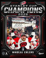 Nikolaj Ehlers 16x20 PhotoGlass Frame Carolina Hurricanes 2026 Stanley Cup Champions Shield Design Facsimile Signature Edition flat design image