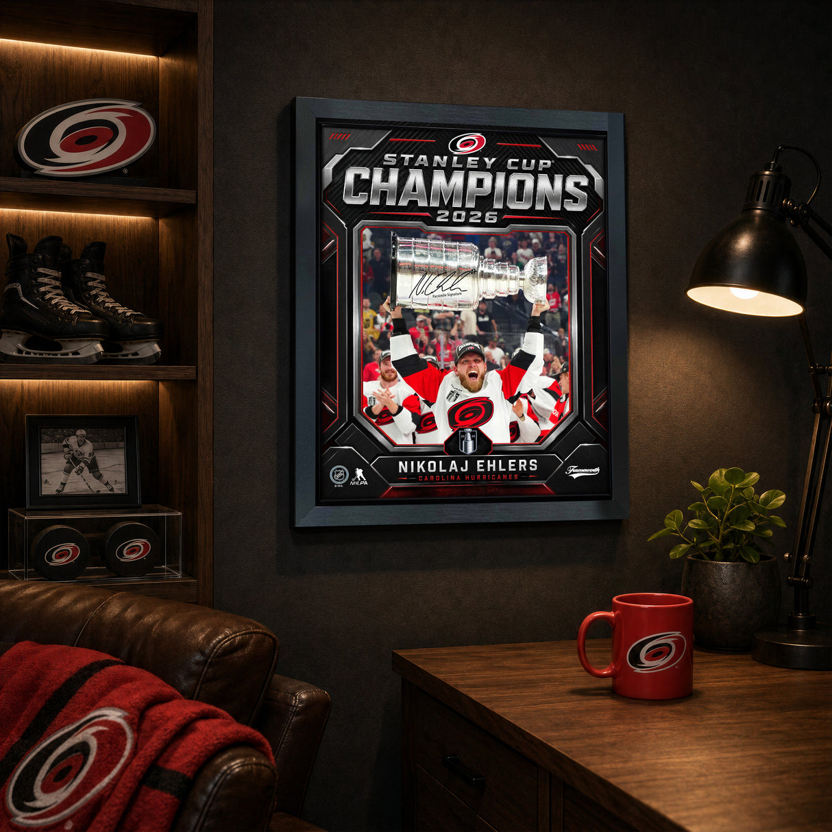 Nikolaj Ehlers 16x20 PhotoGlass Frame Carolina Hurricanes 2026 Stanley Cup Champions Shield Design Facsimile Signature Edition lifestyle 1 image