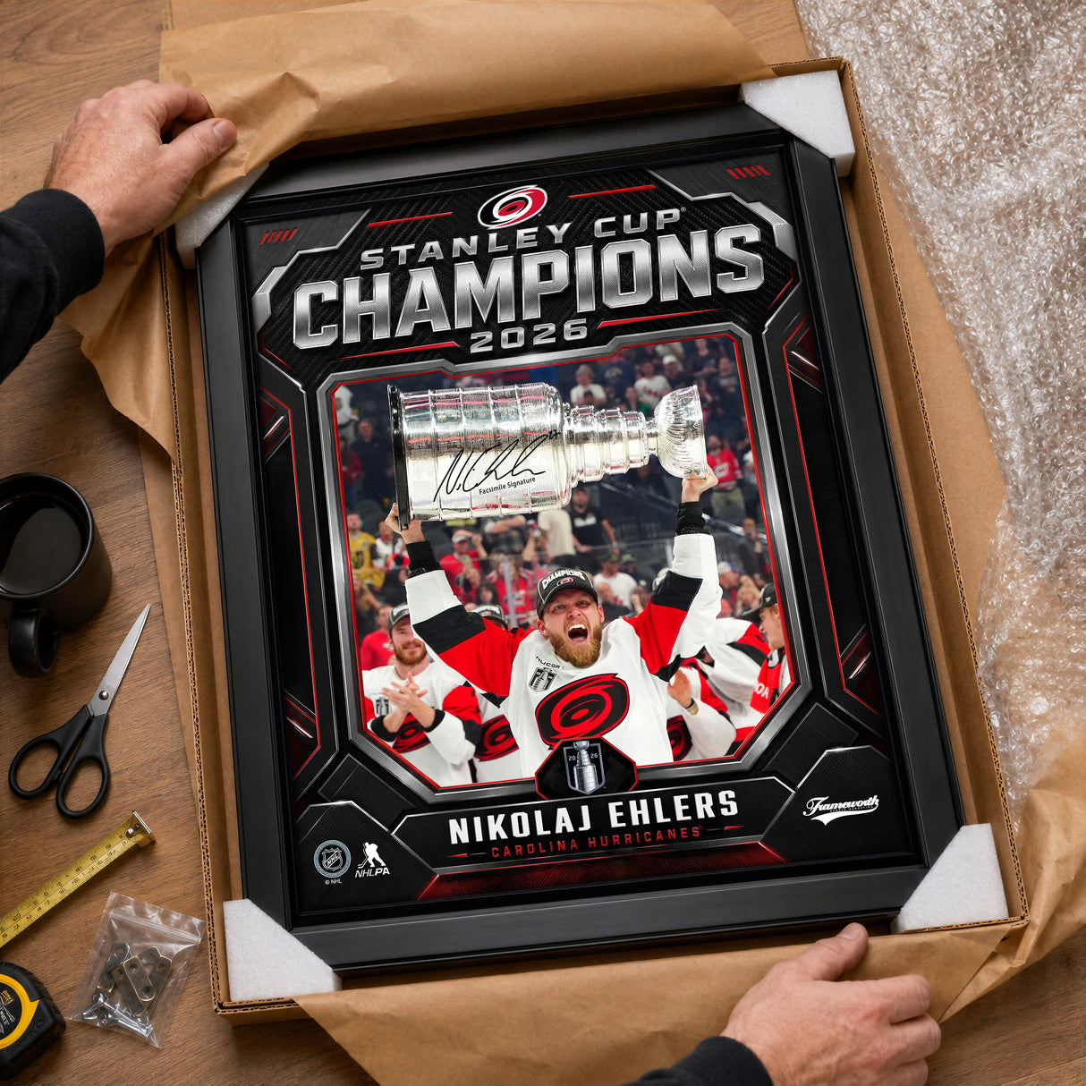 Nikolaj Ehlers 16x20 PhotoGlass Frame Carolina Hurricanes 2026 Stanley Cup Champions Shield Design Facsimile Signature Edition lifestyle 3 image