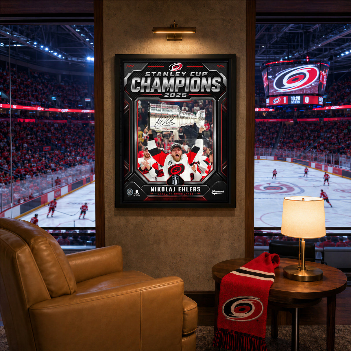 Nikolaj Ehlers 16x20 PhotoGlass Frame Carolina Hurricanes 2026 Stanley Cup Champions Shield Design Facsimile Signature Edition lifestyle 5 image