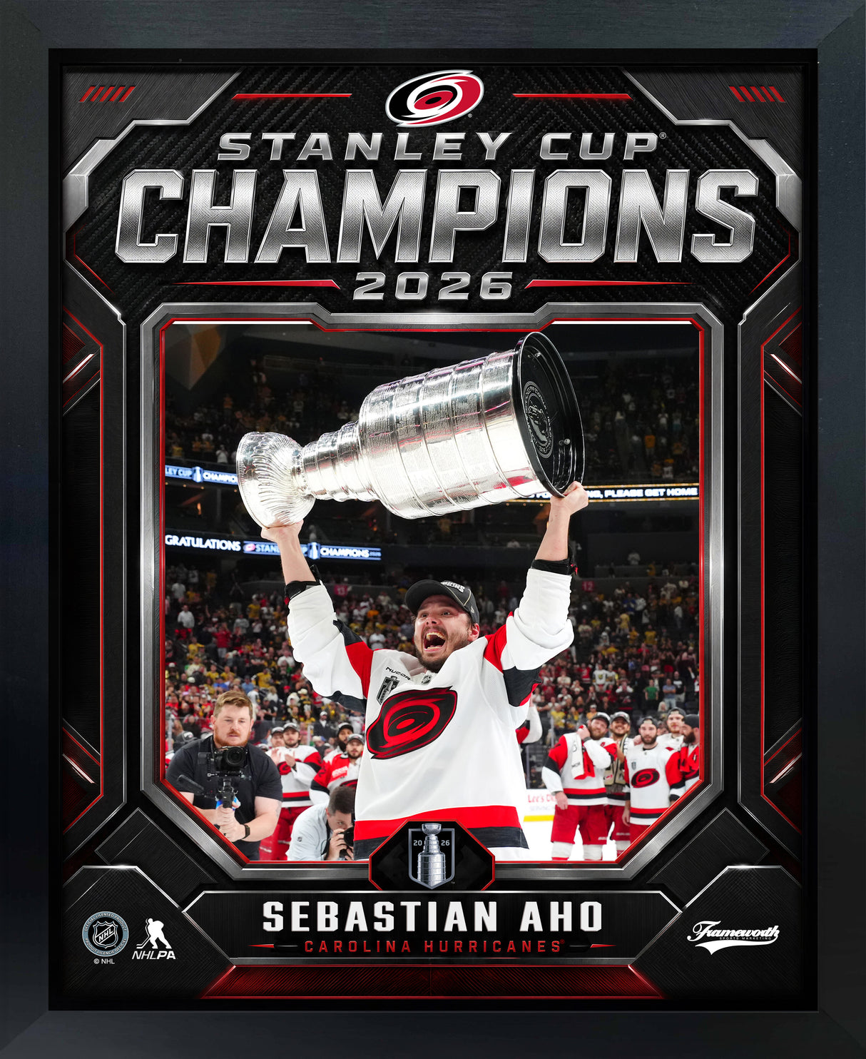 Sebastian Aho 16x20 PhotoGlass Frame Carolina Hurricanes 2026 Stanley Cup Champions Shield Design framed product image