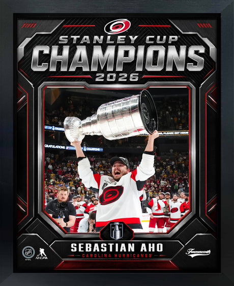 Sebastian Aho 16x20 PhotoGlass Frame Carolina Hurricanes 2026 Stanley Cup Champions Shield Design framed product image