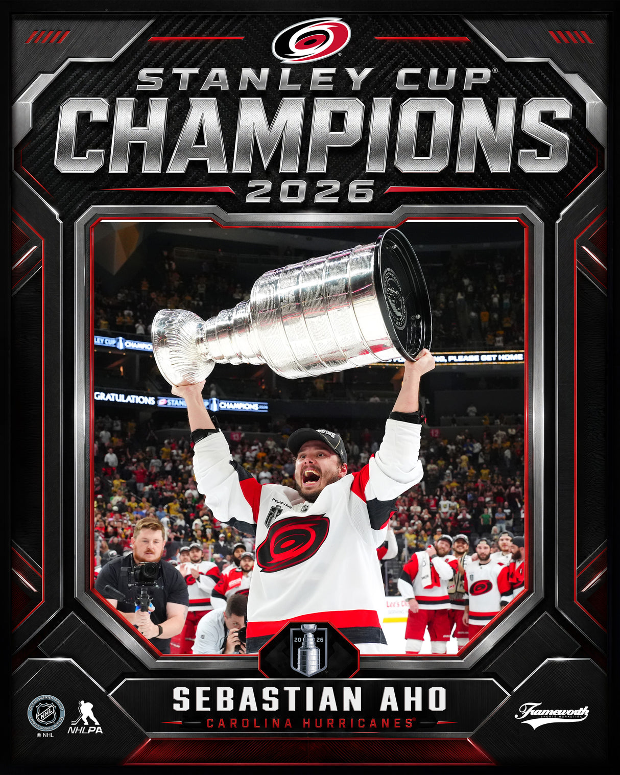 Sebastian Aho 16x20 PhotoGlass Frame Carolina Hurricanes 2026 Stanley Cup Champions Shield Design flat design image