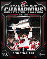 Sebastian Aho 16x20 PhotoGlass Frame Carolina Hurricanes 2026 Stanley Cup Champions Shield Design flat design image