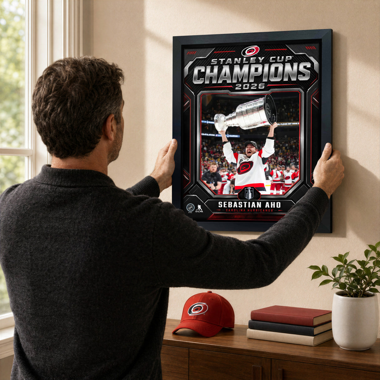 Sebastian Aho 16x20 PhotoGlass Frame Carolina Hurricanes 2026 Stanley Cup Champions Shield Design lifestyle 2 image