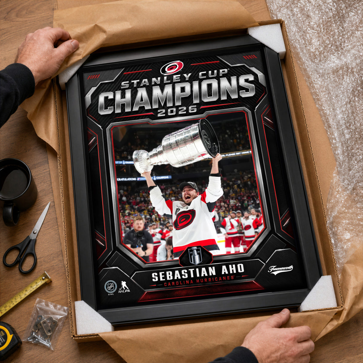 Sebastian Aho 16x20 PhotoGlass Frame Carolina Hurricanes 2026 Stanley Cup Champions Shield Design lifestyle 3 image
