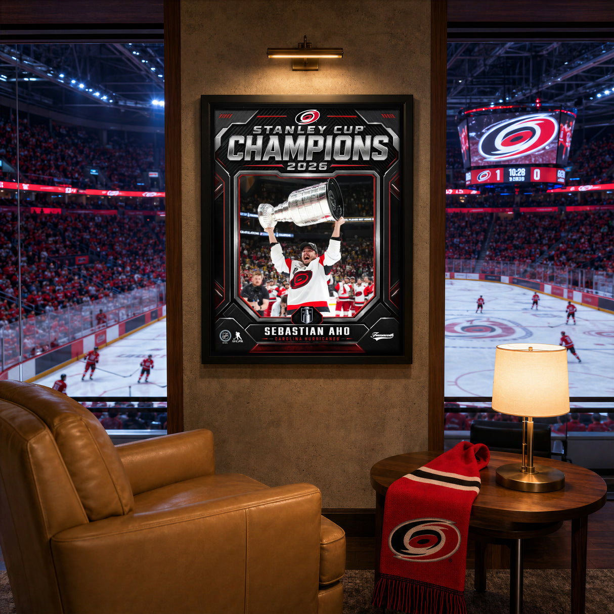 Sebastian Aho 16x20 PhotoGlass Frame Carolina Hurricanes 2026 Stanley Cup Champions Shield Design lifestyle 5 image