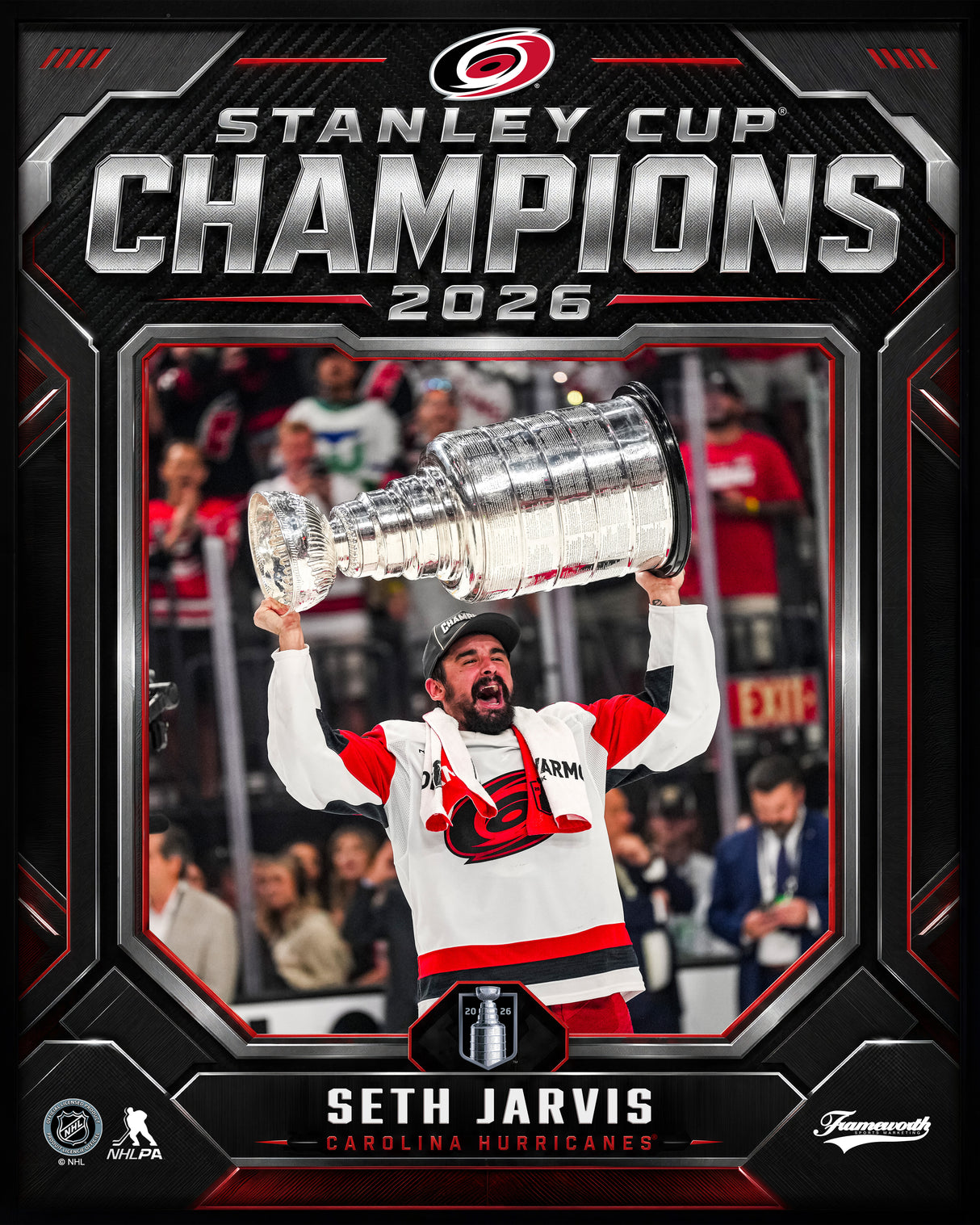 Seth Jarvis 16x20 PhotoGlass Frame Carolina Hurricanes 2026 Stanley Cup Champions Shield Design flat design image