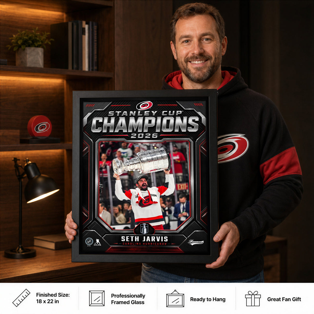 Seth Jarvis 16x20 PhotoGlass Frame Carolina Hurricanes 2026 Stanley Cup Champions Shield Design lifestyle 6 image