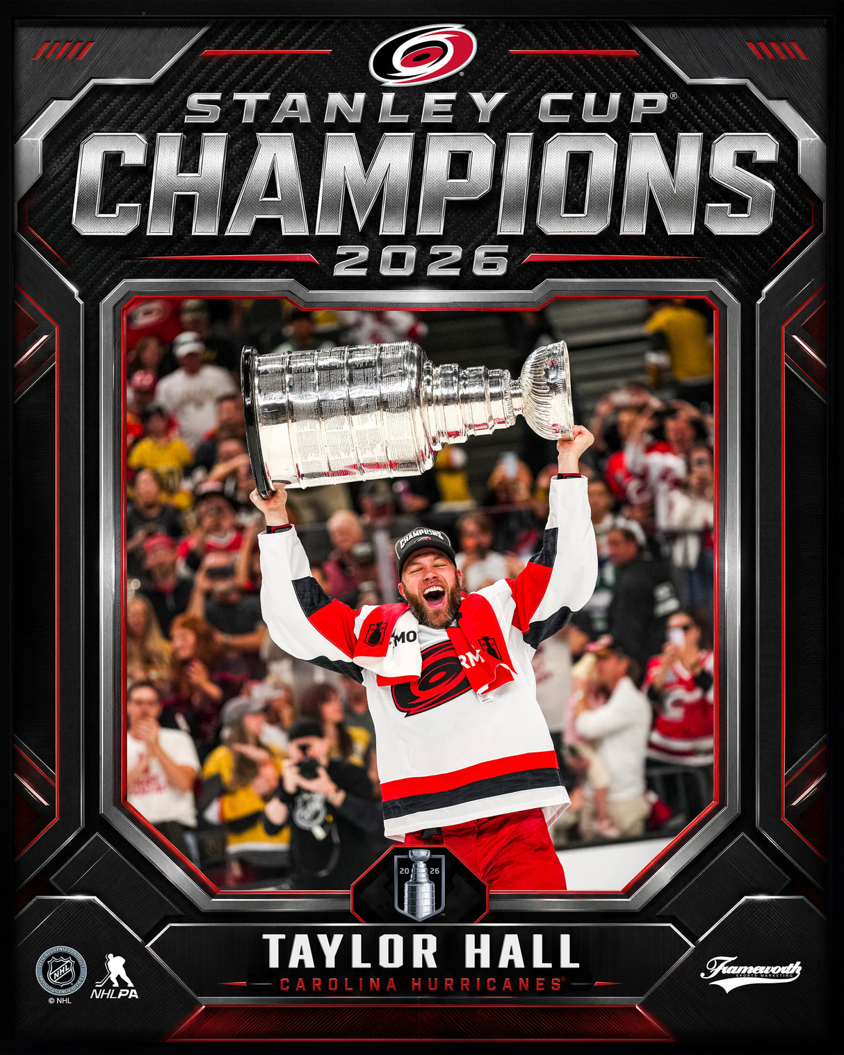 Taylor Hall 16x20 PhotoGlass Frame Carolina Hurricanes 2026 Stanley Cup Champions Shield Design flat design image