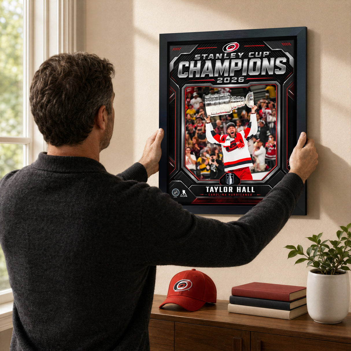 Taylor Hall 16x20 PhotoGlass Frame Carolina Hurricanes 2026 Stanley Cup Champions Shield Design lifestyle 2 image