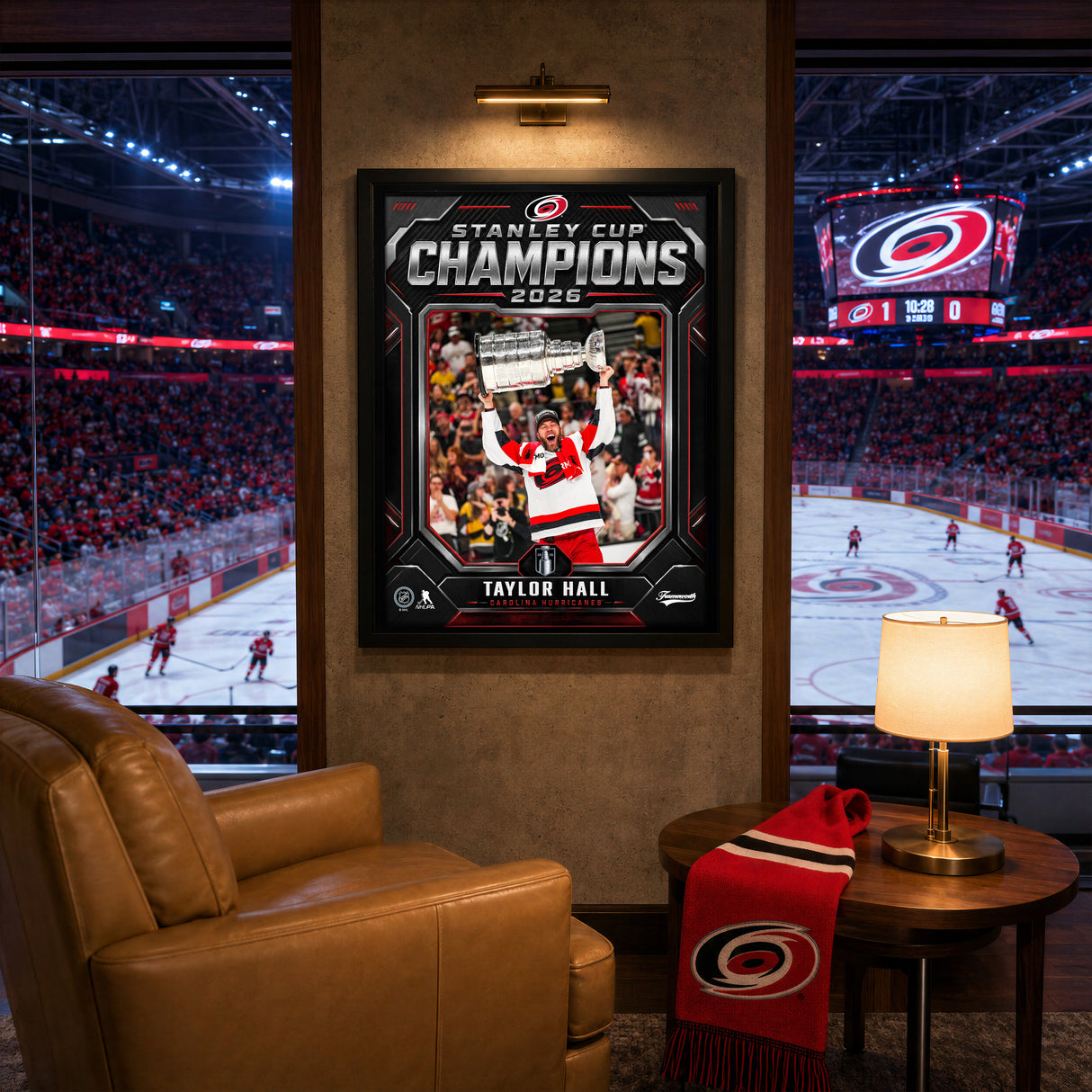 Taylor Hall 16x20 PhotoGlass Frame Carolina Hurricanes 2026 Stanley Cup Champions Shield Design lifestyle 5 image